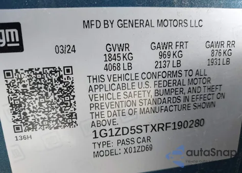 2024 Chevrolet Malibu Fwd 1Lt z USA, uszkodzony, nr VIN 1G1ZD5STXRF190280